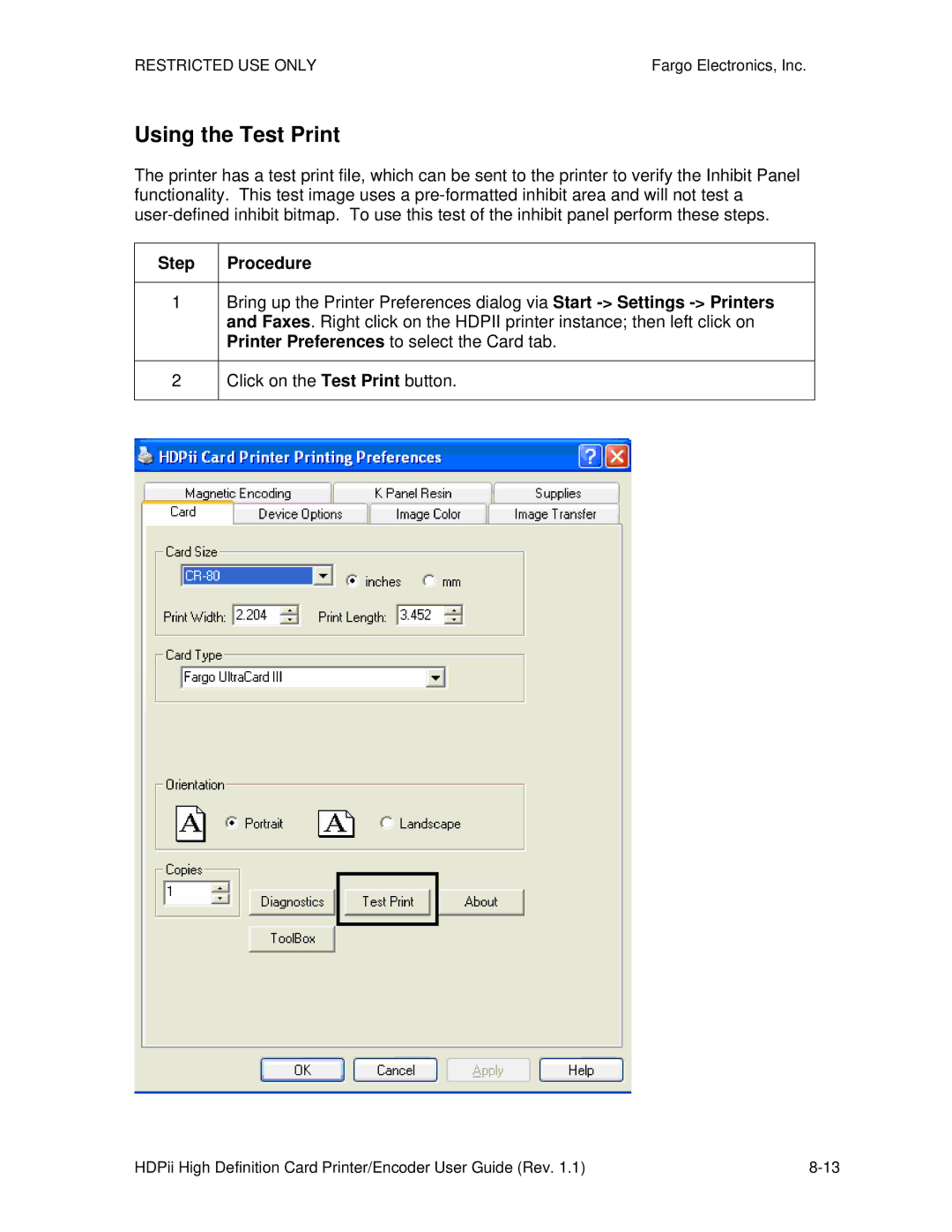 FARGO electronic HDPii manual Using the Test Print, Step 