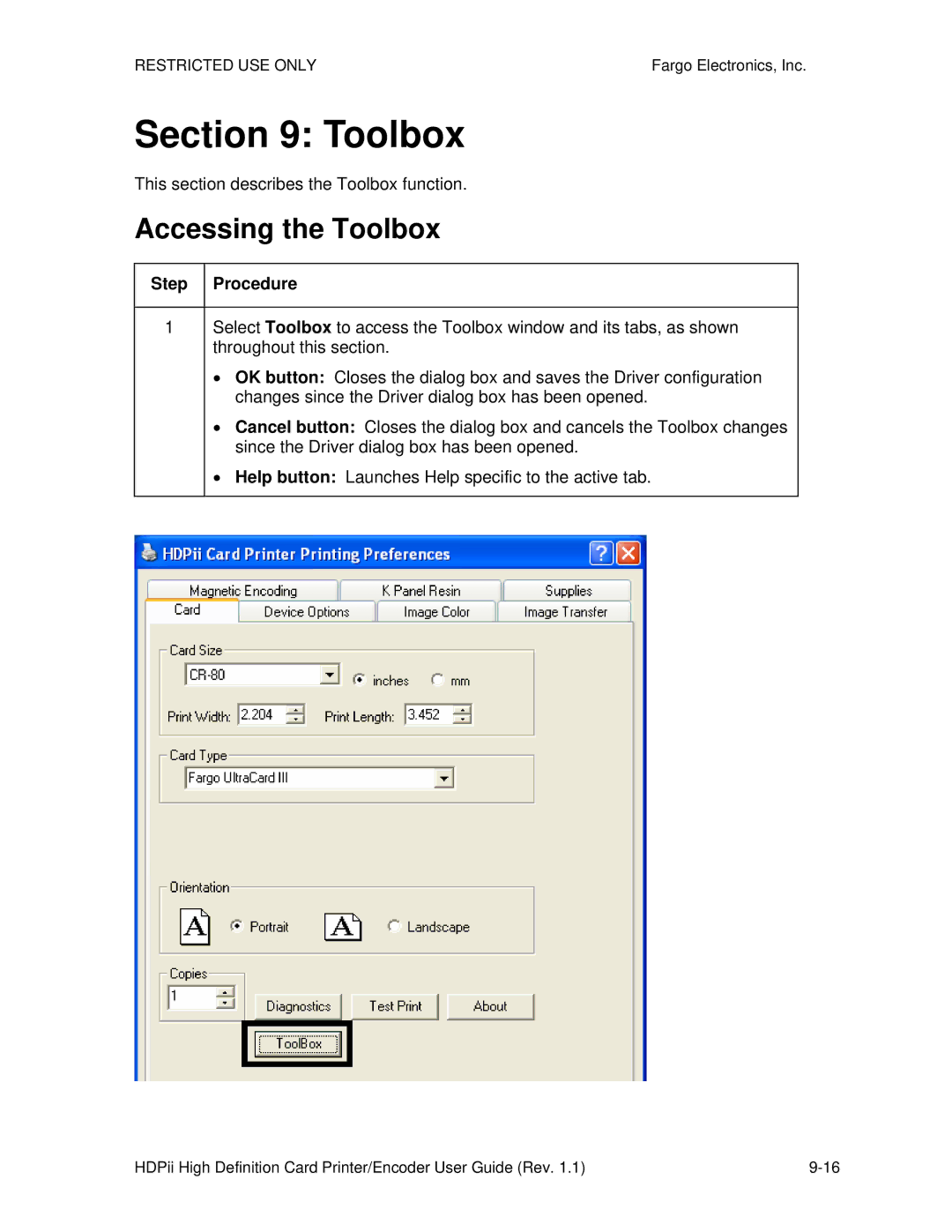 FARGO electronic HDPii manual Accessing the Toolbox, This section describes the Toolbox function 