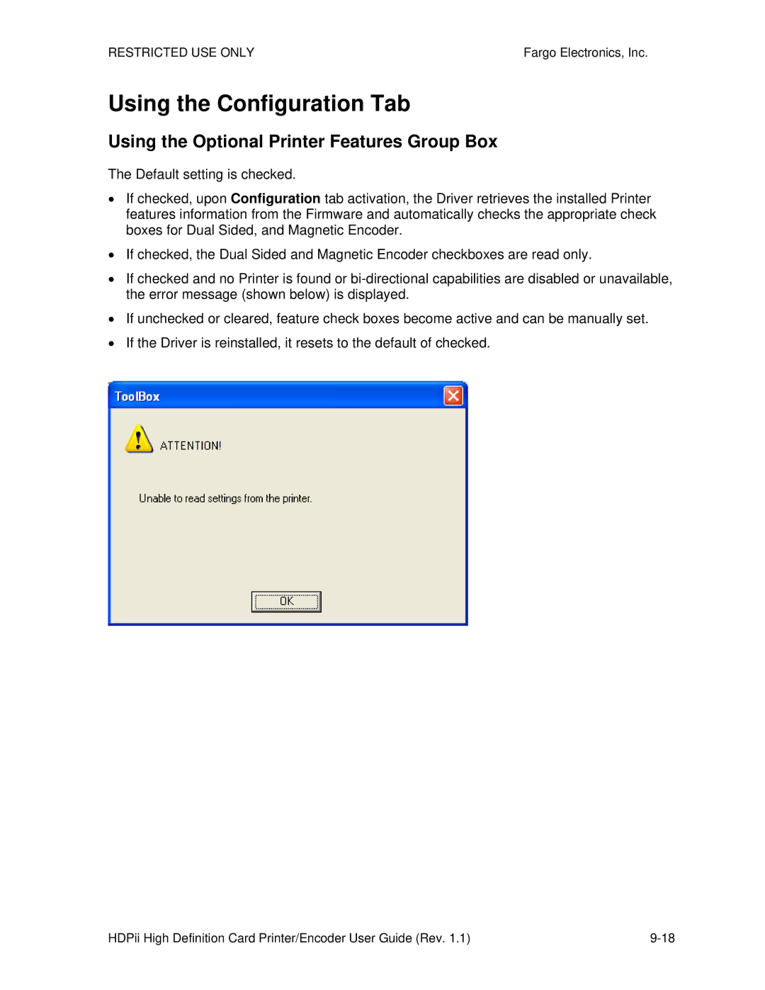 FARGO electronic HDPii manual Using the Configuration Tab, Using the Optional Printer Features Group Box 