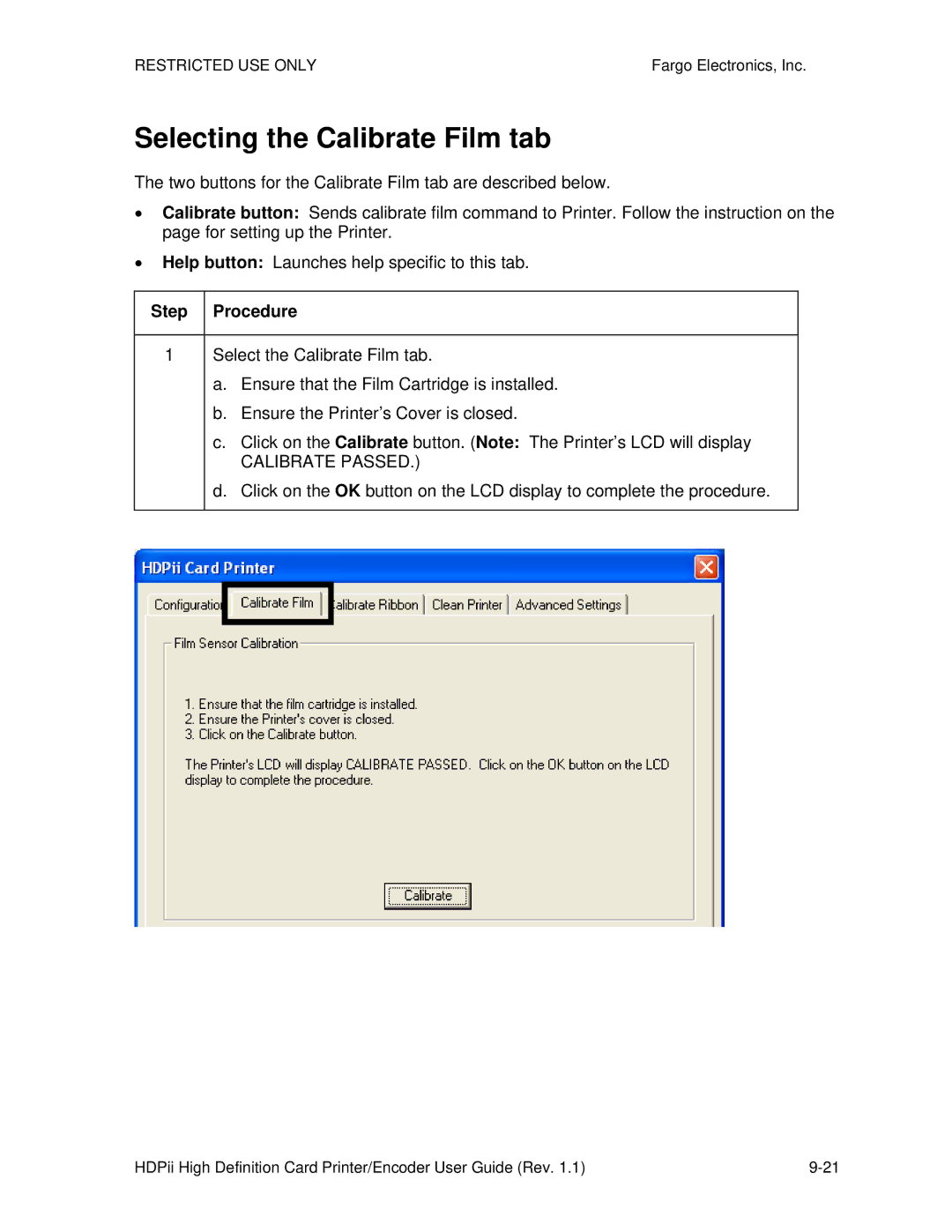 FARGO electronic HDPii manual Selecting the Calibrate Film tab, Calibrate Passed 