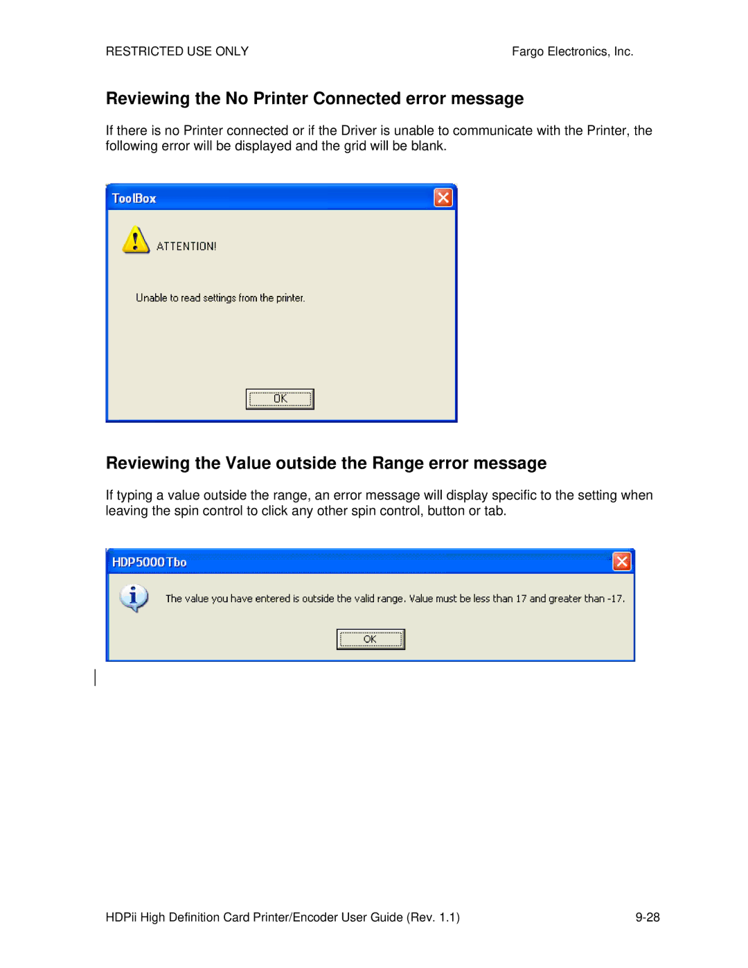 FARGO electronic HDPii manual Reviewing the No Printer Connected error message 