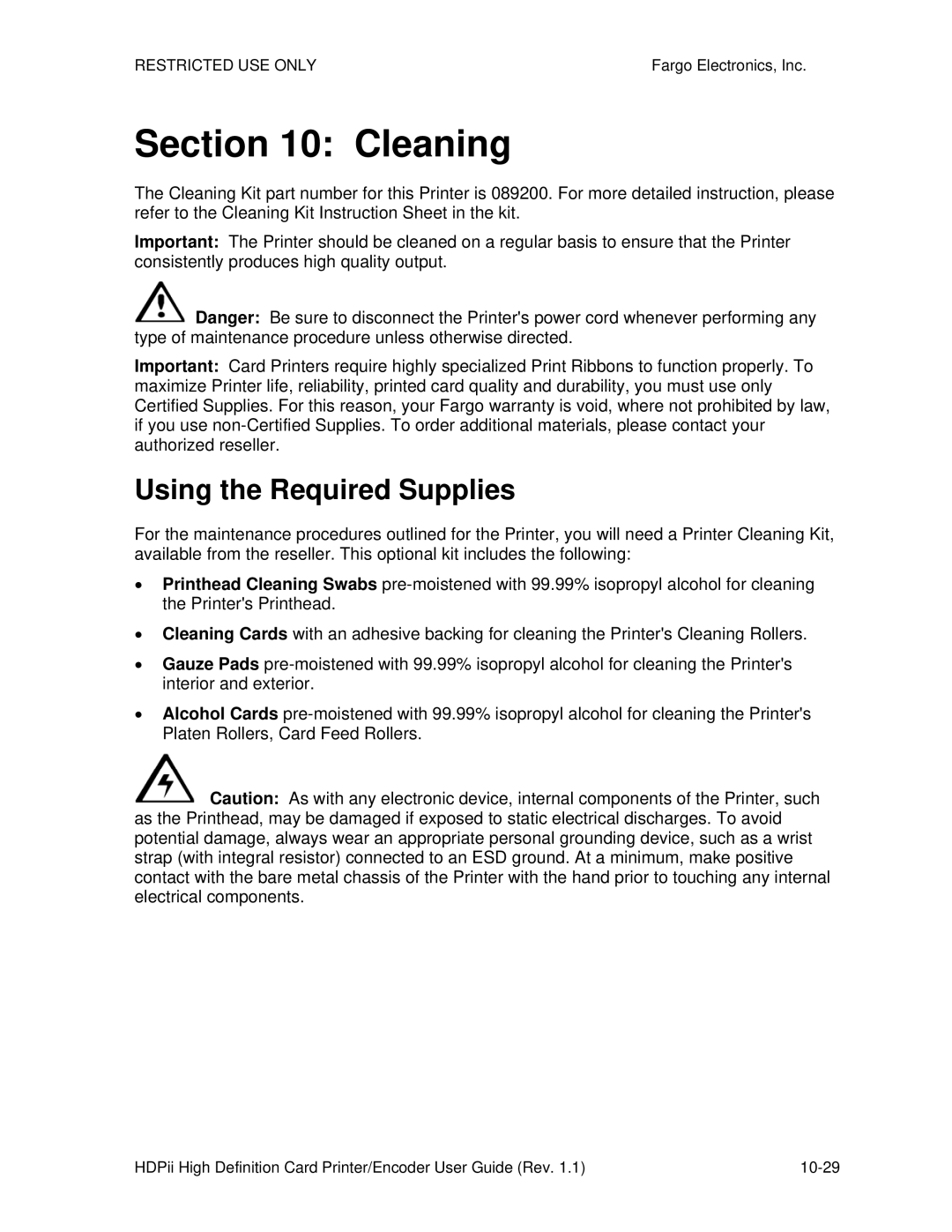 FARGO electronic HDPii manual Cleaning, Using the Required Supplies 