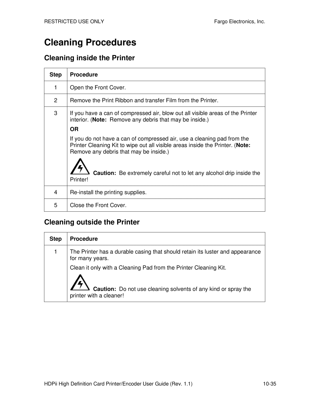 FARGO electronic HDPii manual Cleaning Procedures, Cleaning inside the Printer, Cleaning outside the Printer 