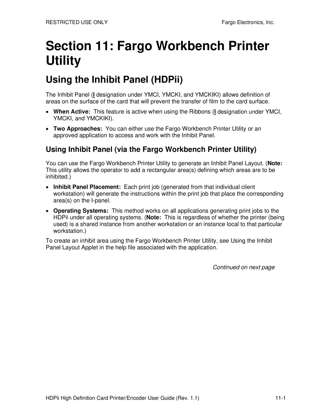 FARGO electronic manual Using the Inhibit Panel HDPii, Using Inhibit Panel via the Fargo Workbench Printer Utility 