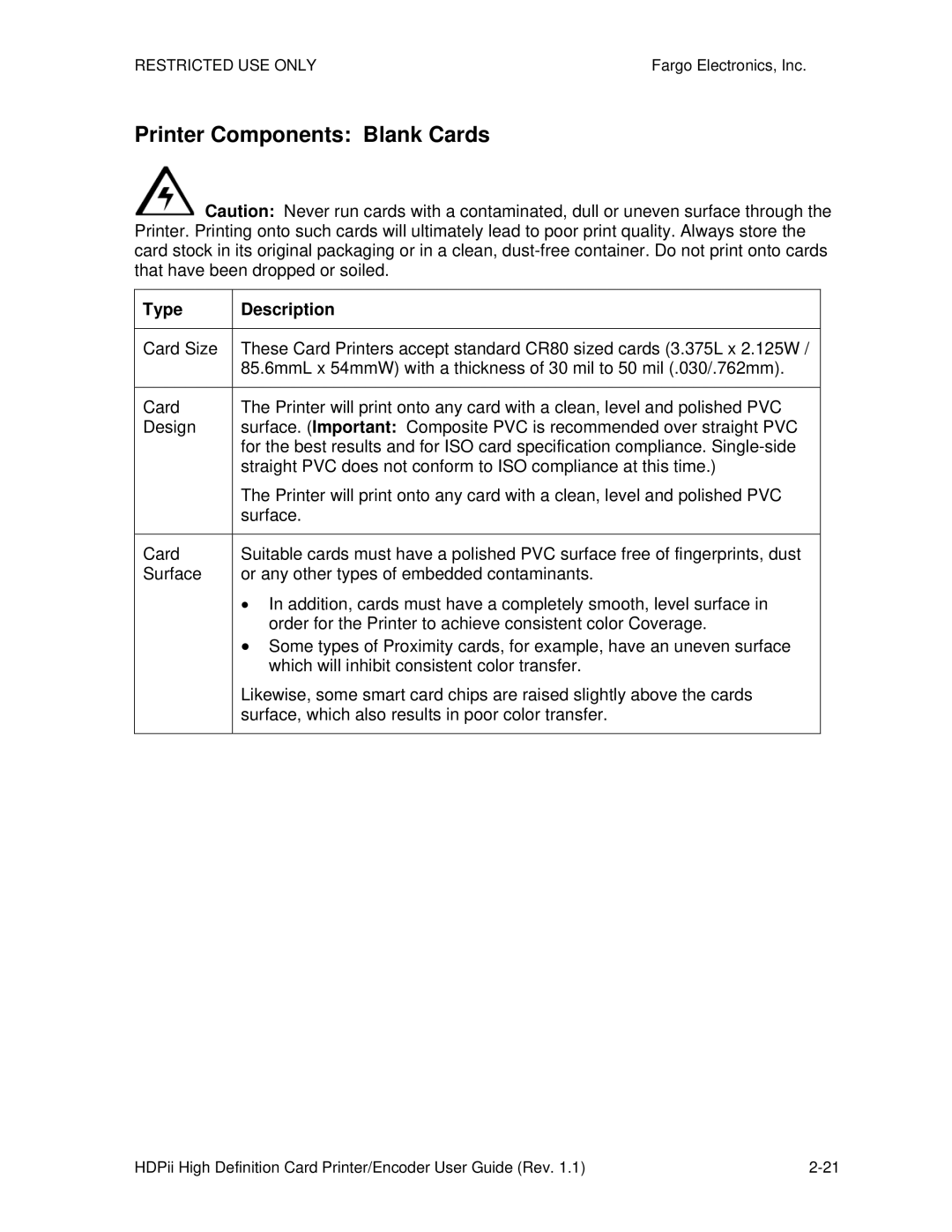 FARGO electronic HDPii manual Printer Components Blank Cards, Type Description 