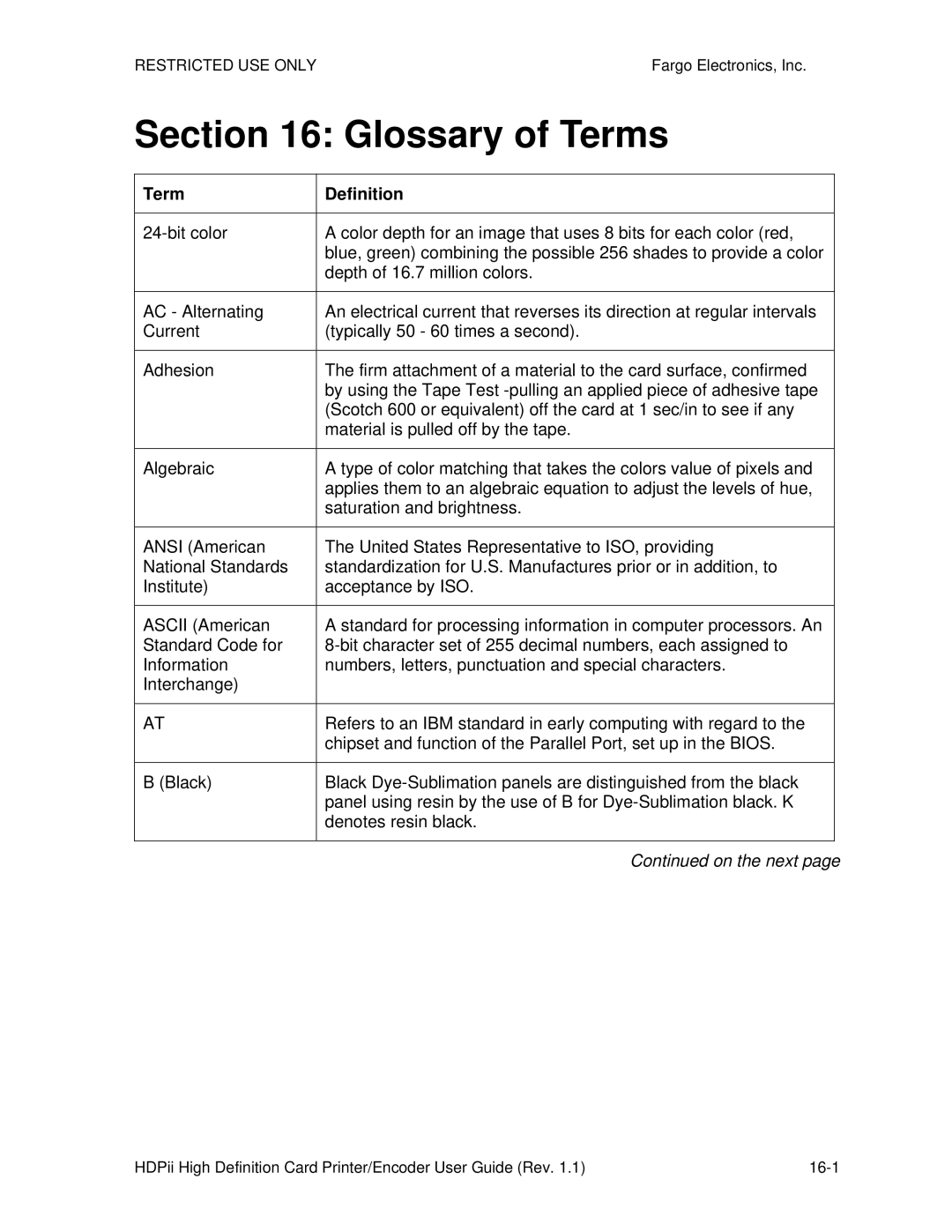 FARGO electronic HDPii manual Glossary of Terms, Term Definition 