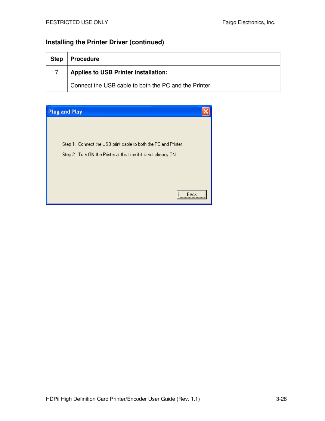 FARGO electronic HDPii manual Step Procedure Applies to USB Printer installation 