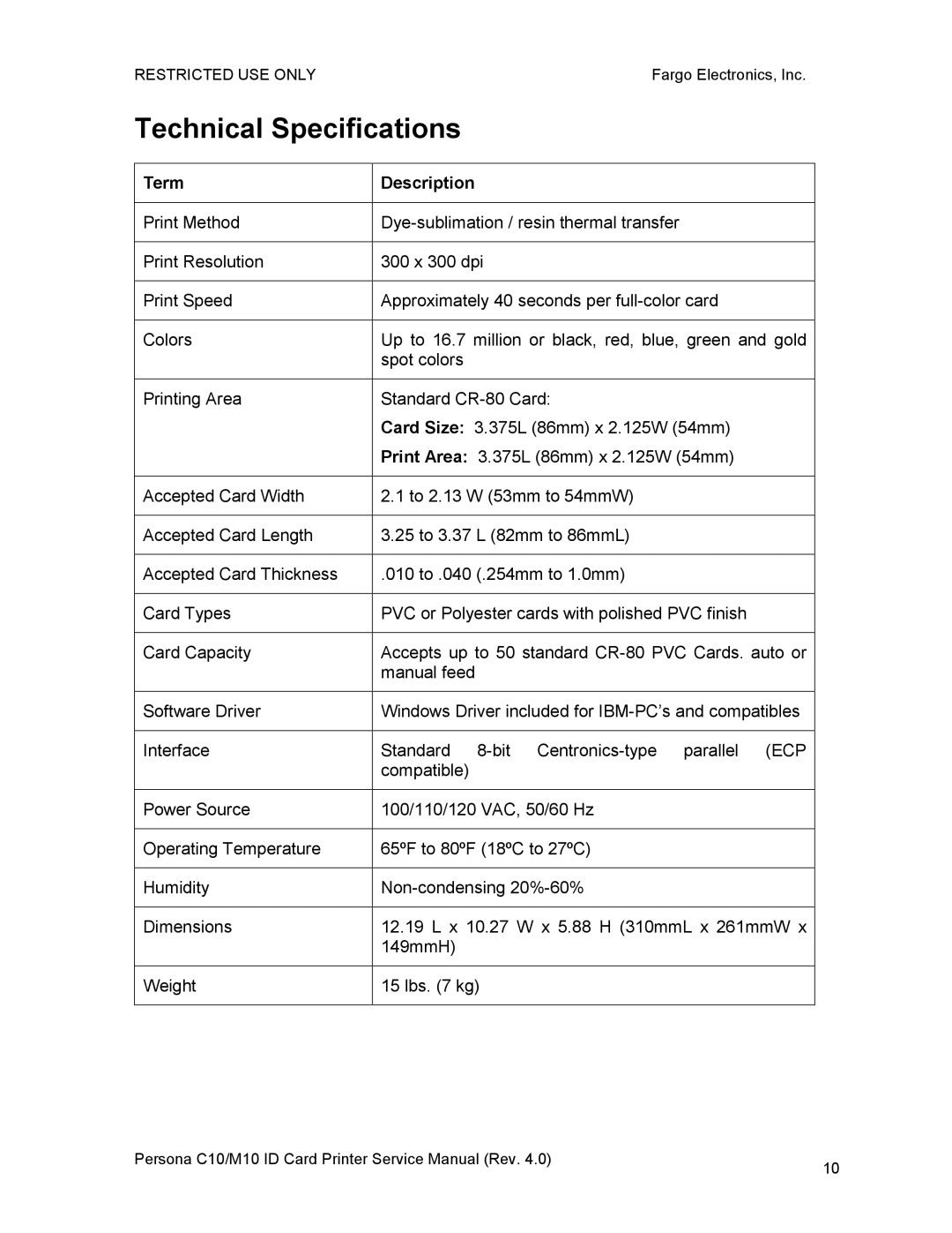 FARGO electronic M10, C10 service manual Technical Specifications, Term Description 