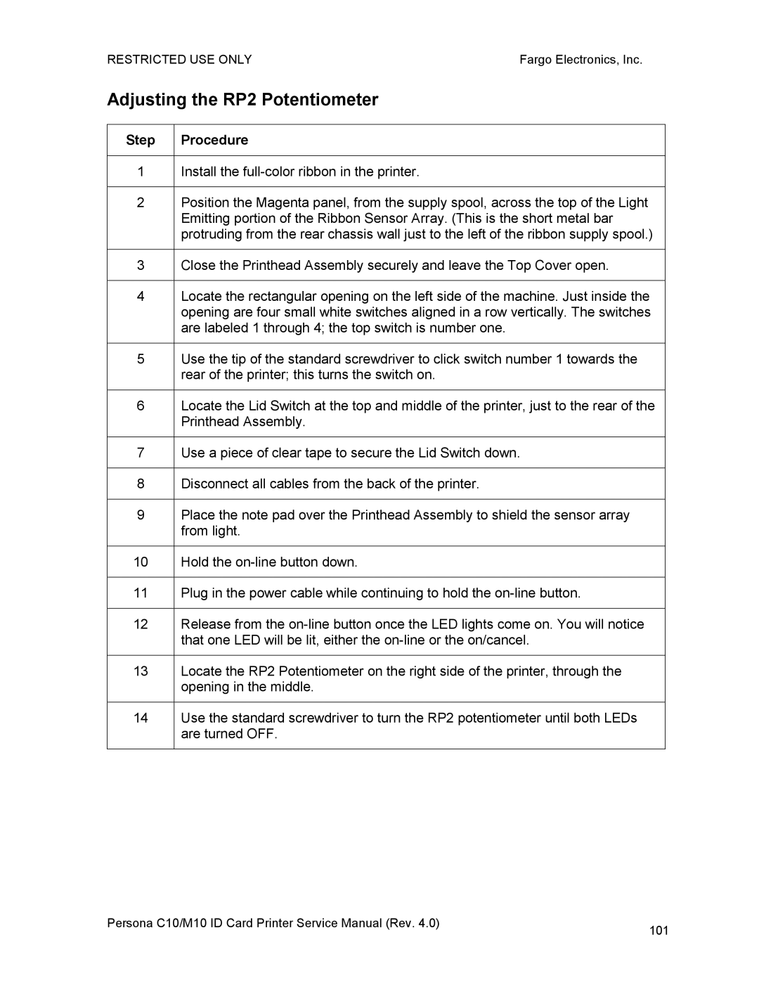 FARGO electronic C10, M10 service manual Adjusting the RP2 Potentiometer 