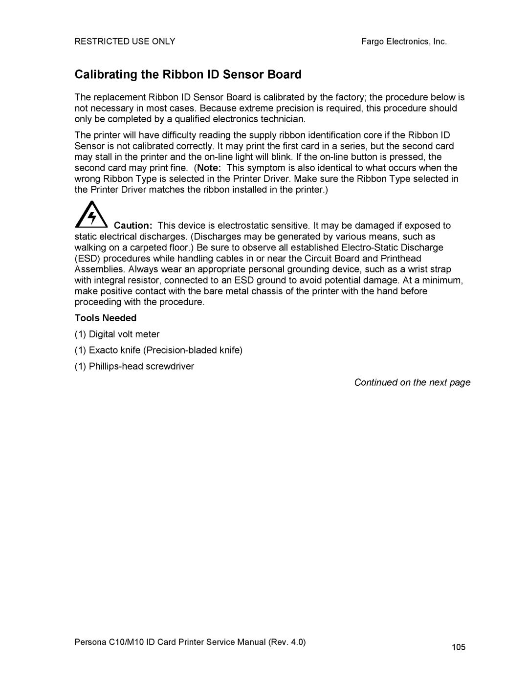 FARGO electronic C10, M10 service manual Calibrating the Ribbon ID Sensor Board 