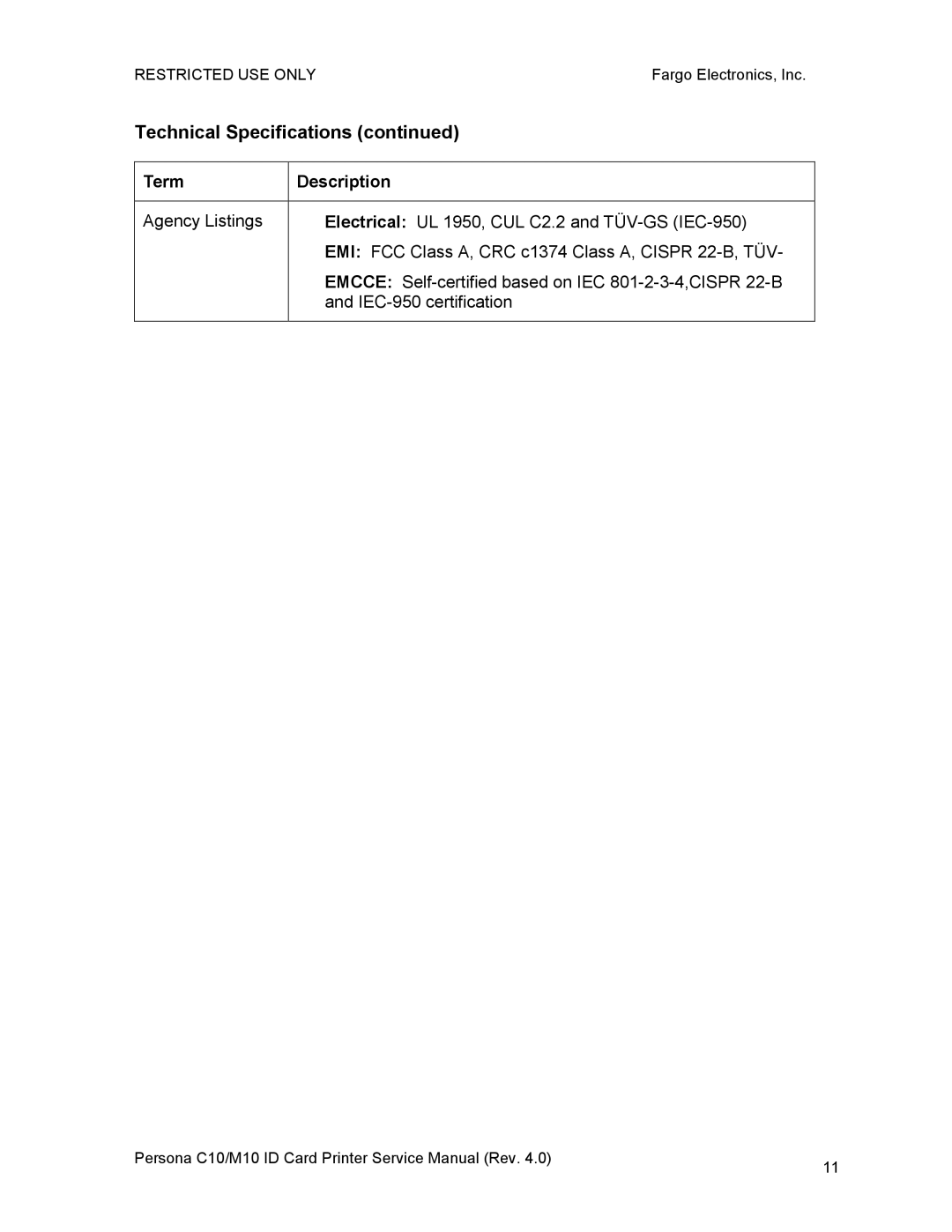 FARGO electronic C10, M10 service manual Technical Specifications 