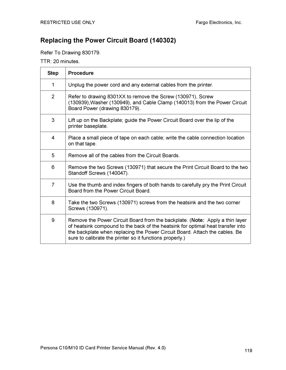 FARGO electronic C10, M10 service manual Replacing the Power Circuit Board 