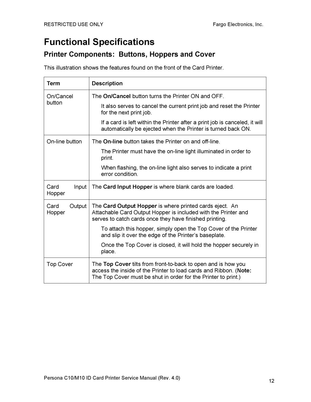 FARGO electronic M10, C10 service manual Functional Specifications, Printer Components Buttons, Hoppers and Cover 