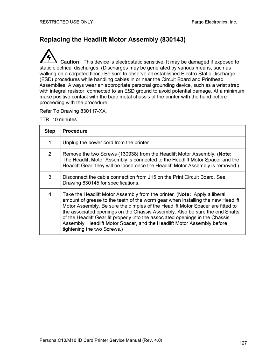 FARGO electronic C10, M10 service manual Replacing the Headlift Motor Assembly 