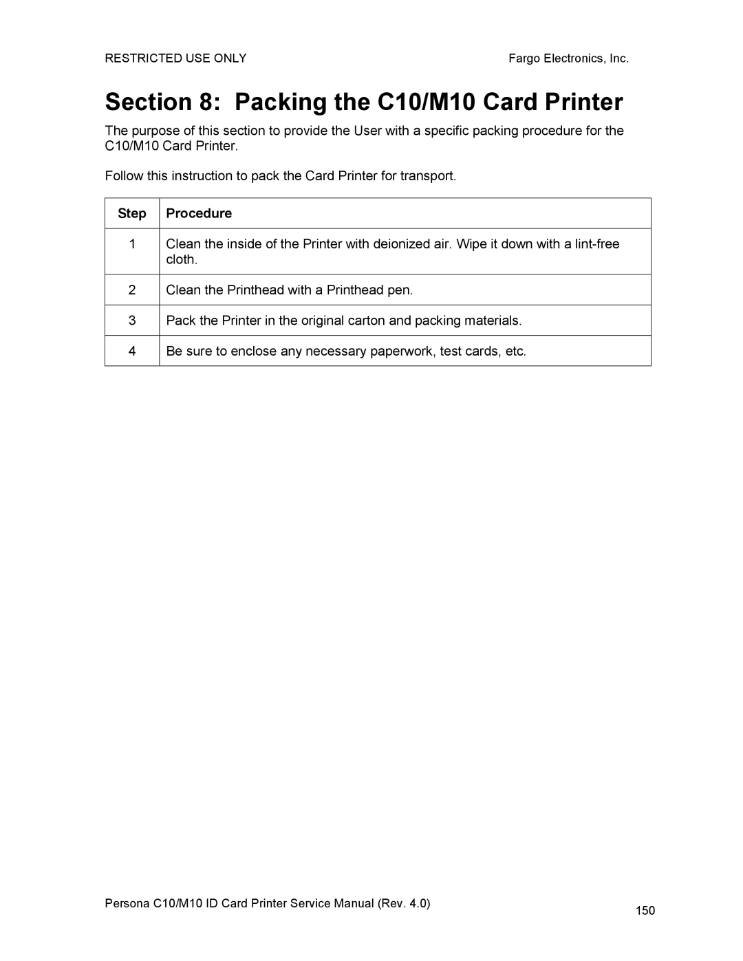 FARGO electronic service manual Packing the C10/M10 Card Printer 