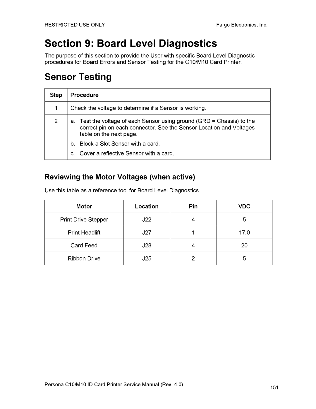 FARGO electronic C10, M10 service manual Board Level Diagnostics, Sensor Testing, Reviewing the Motor Voltages when active 