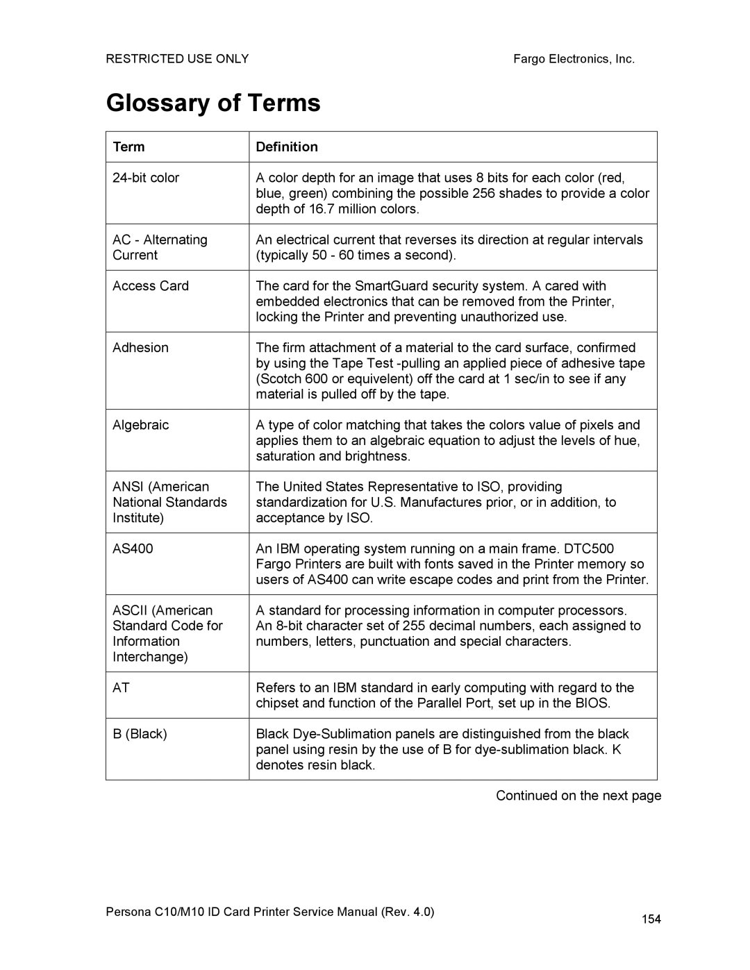 FARGO electronic M10, C10 service manual Glossary of Terms, Term Definition 