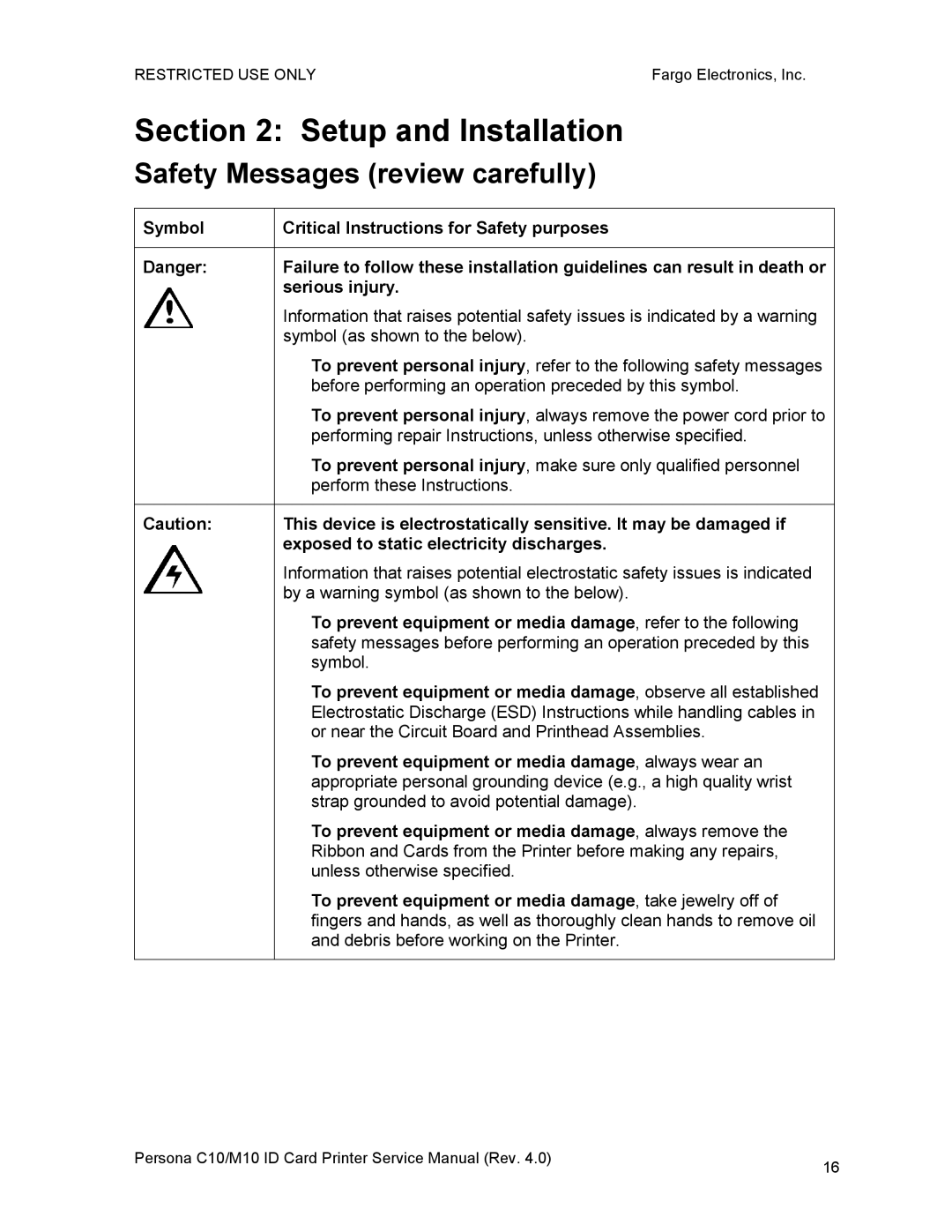 FARGO electronic M10, C10 service manual Setup and Installation, Safety Messages review carefully 