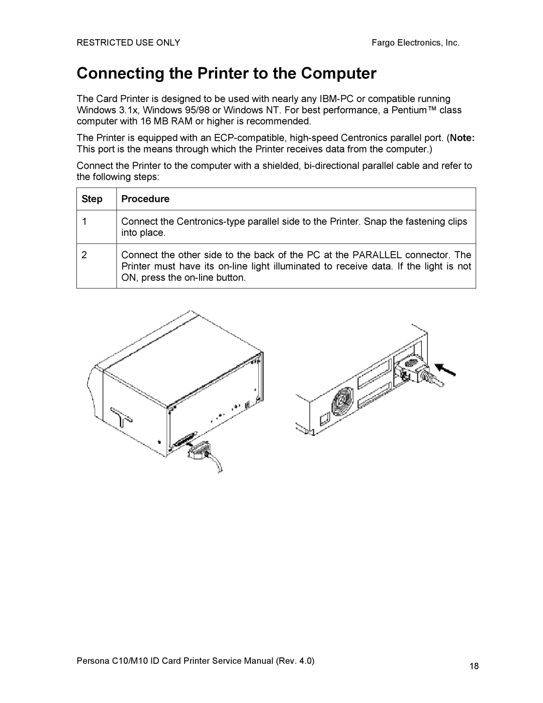 FARGO electronic M10, C10 service manual Connecting the Printer to the Computer, Step 