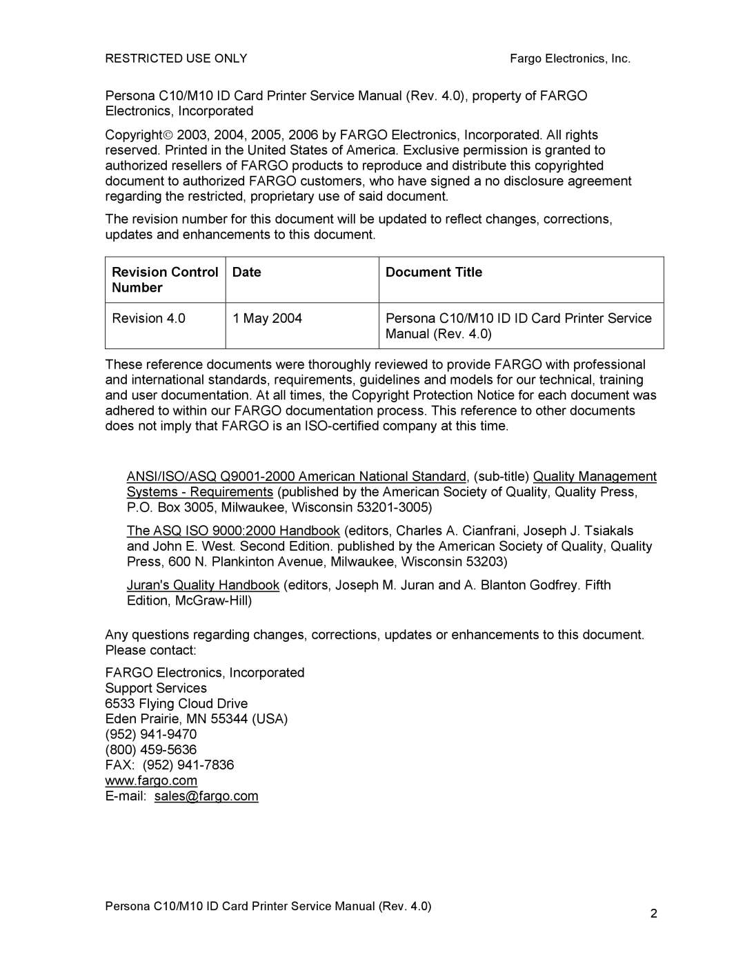 FARGO electronic M10, C10 service manual Revision Control Date Document Title Number 