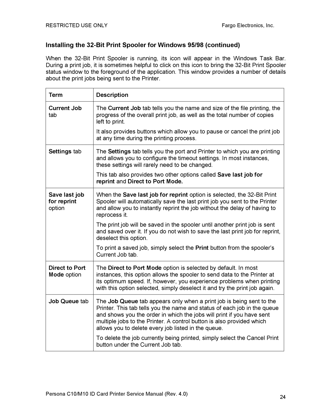 FARGO electronic M10, C10 service manual Installing the 32-Bit Print Spooler for Windows 95/98 