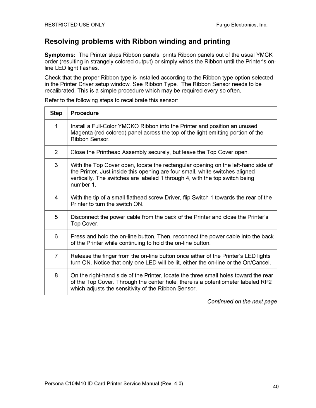 FARGO electronic M10, C10 service manual Resolving problems with Ribbon winding and printing 