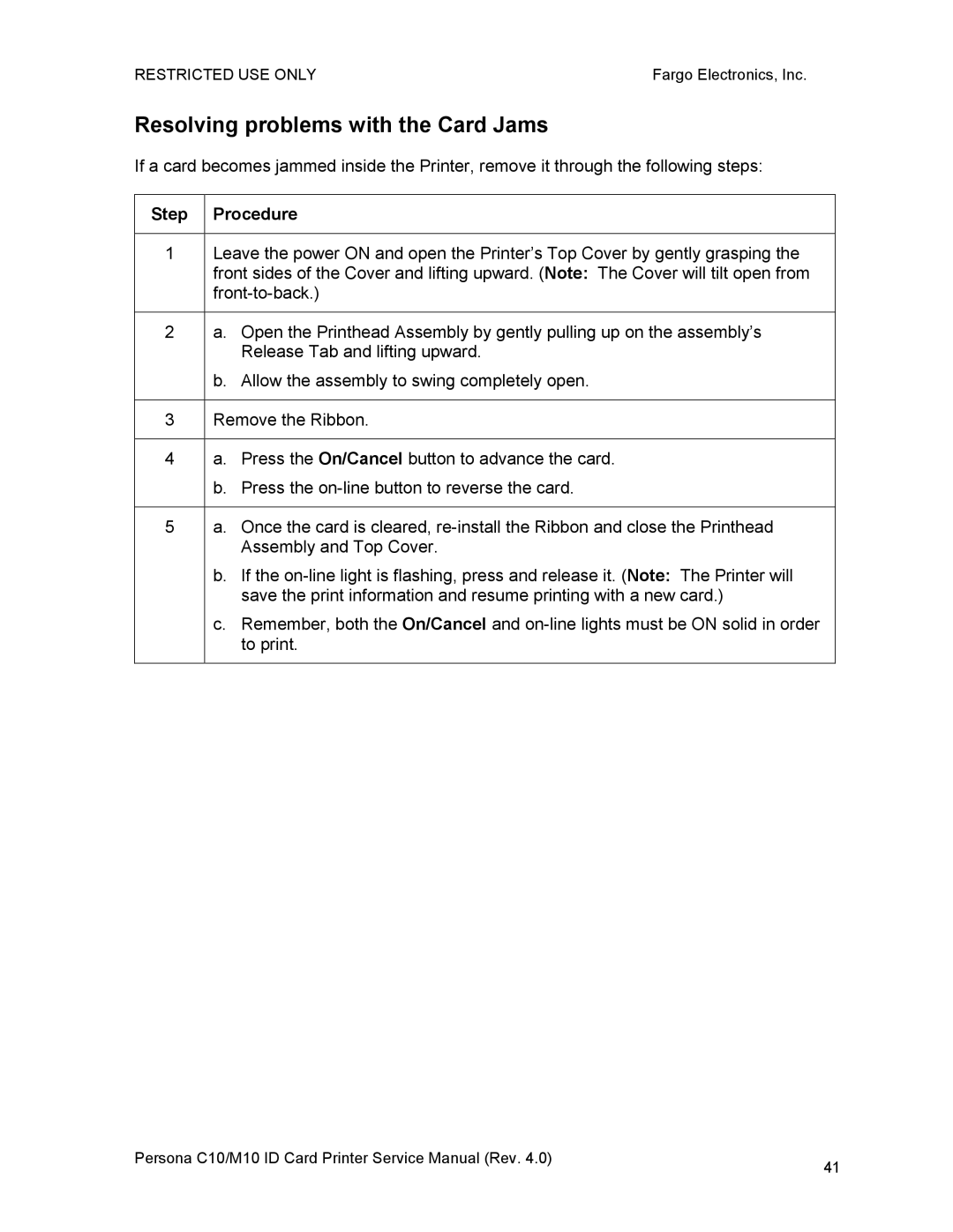 FARGO electronic C10, M10 service manual Resolving problems with the Card Jams 