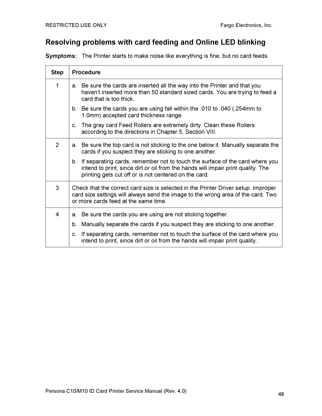 FARGO electronic M10, C10 service manual Resolving problems with card feeding and Online LED blinking 