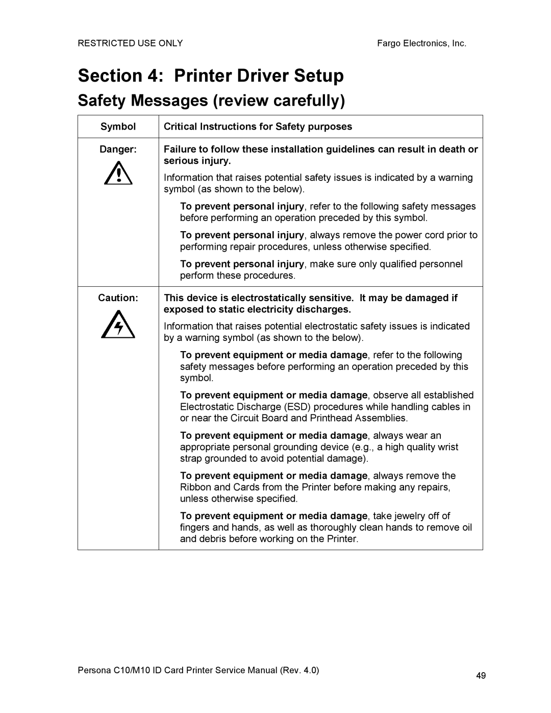 FARGO electronic C10, M10 service manual Printer Driver Setup, Safety Messages review carefully 