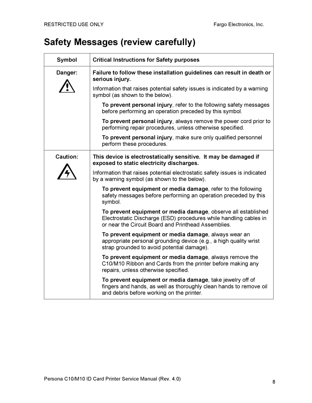 FARGO electronic M10, C10 service manual Safety Messages review carefully, Exposed to static electricity discharges 