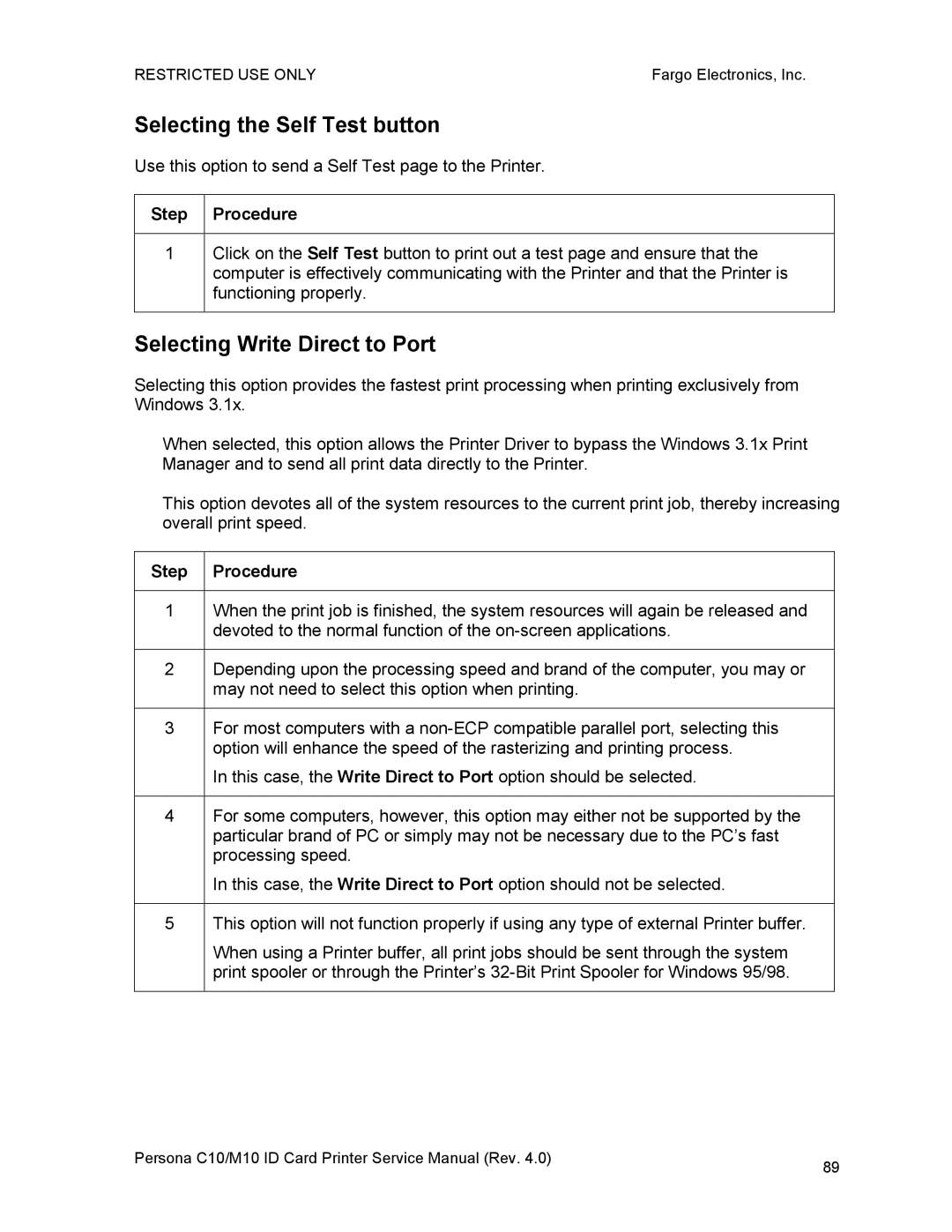 FARGO electronic C10, M10 service manual Selecting the Self Test button, Selecting Write Direct to Port 