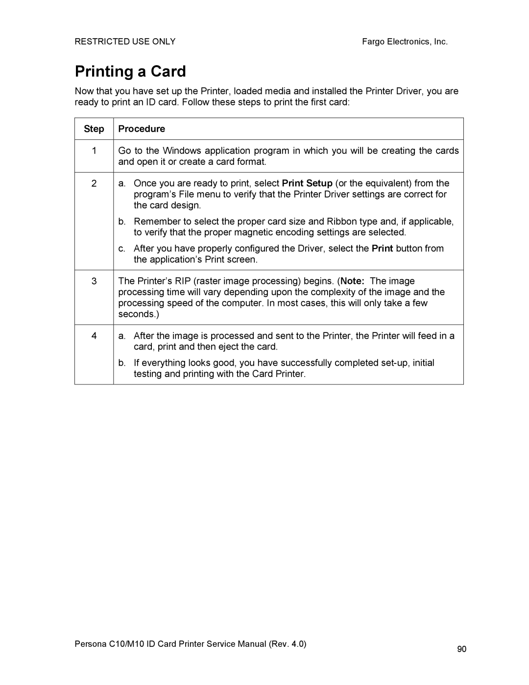 FARGO electronic M10, C10 service manual Printing a Card 