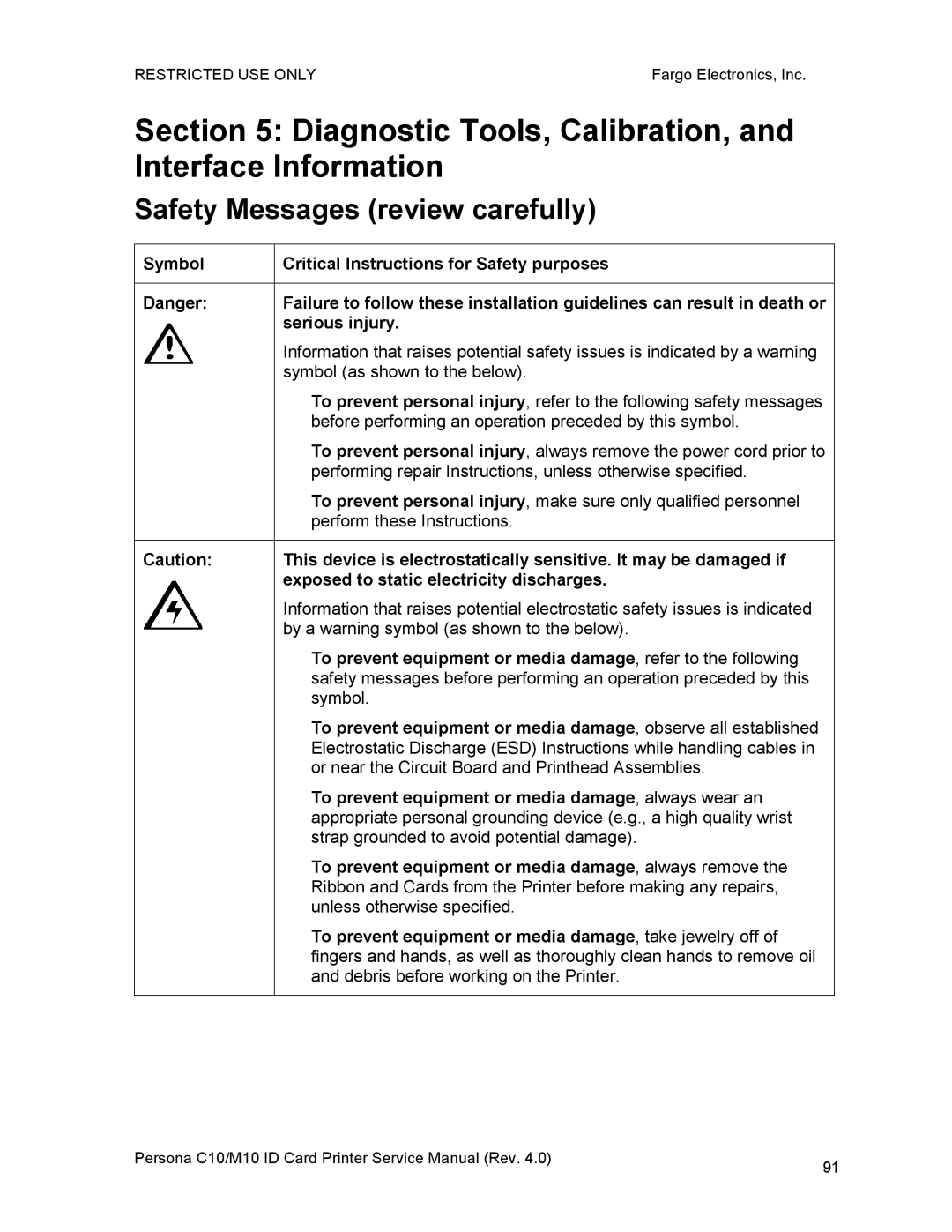 FARGO electronic C10, M10 Diagnostic Tools, Calibration, and Interface Information, Safety Messages review carefully 