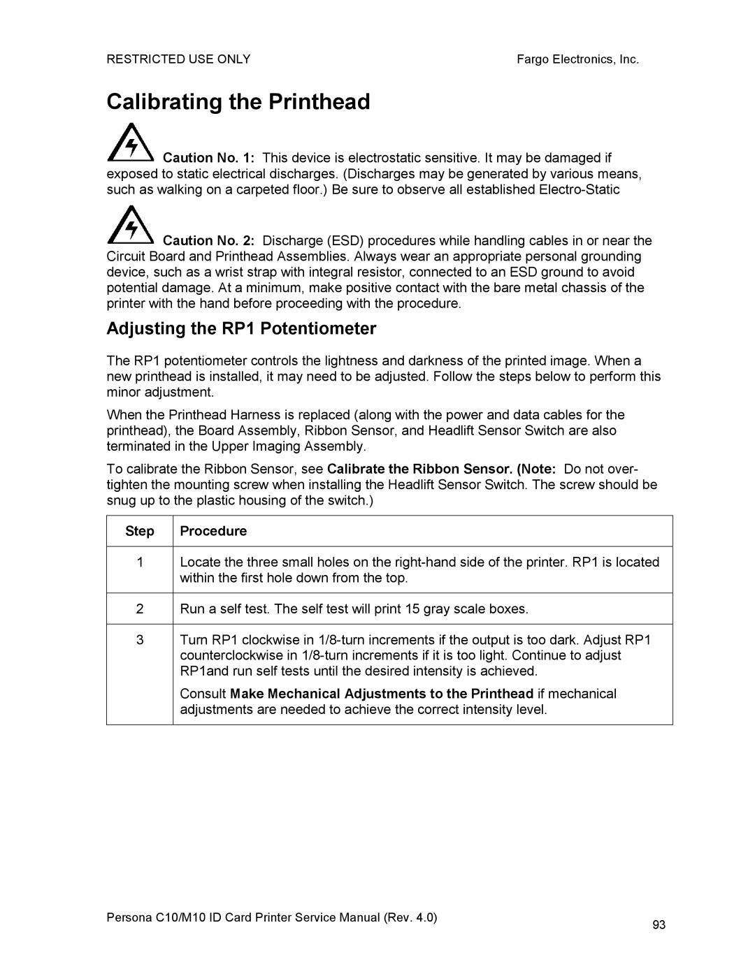 FARGO electronic C10, M10 service manual Calibrating the Printhead, Adjusting the RP1 Potentiometer 