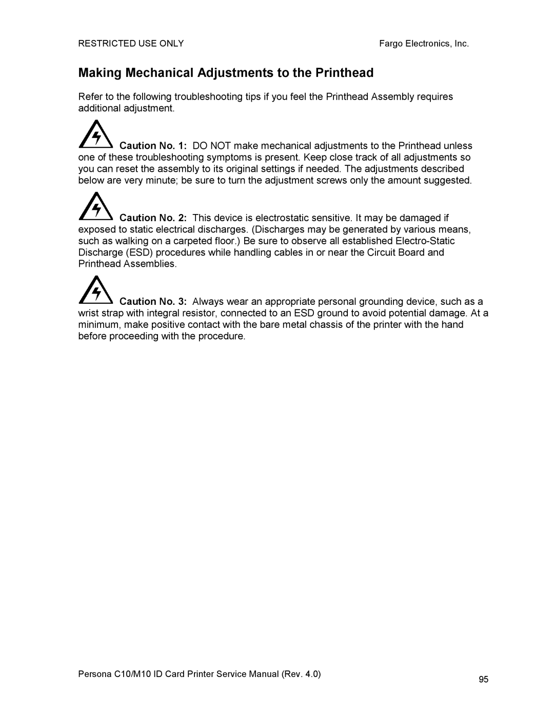 FARGO electronic C10, M10 service manual Making Mechanical Adjustments to the Printhead 