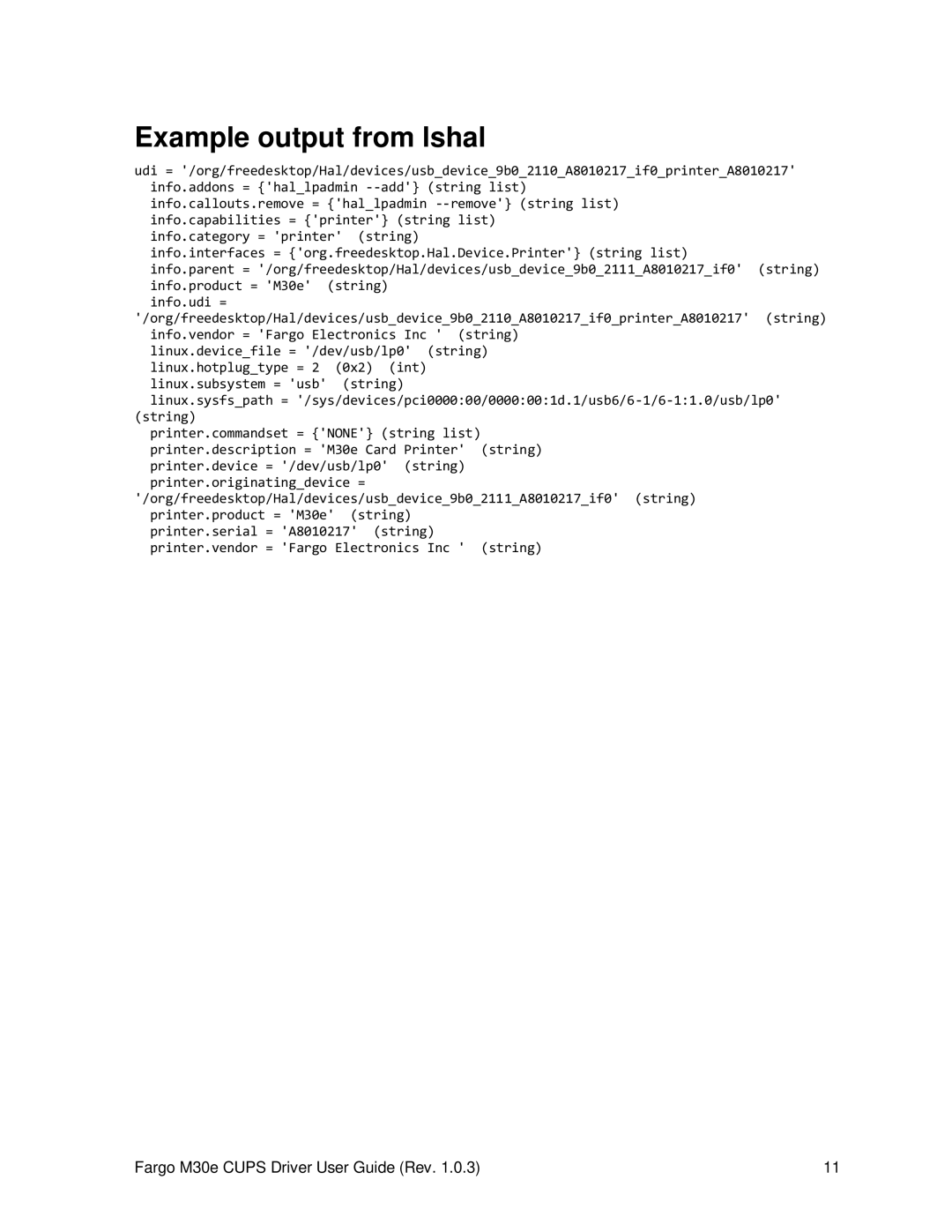 FARGO electronic M30e manual Example output from lshal 