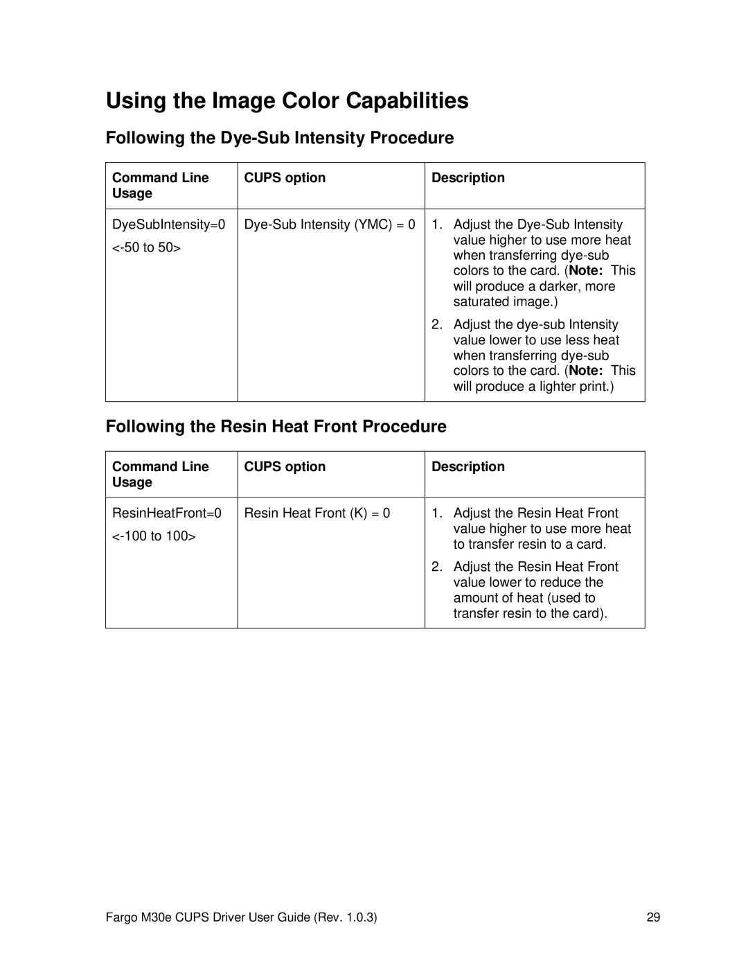 FARGO electronic M30e manual Using the Image Color Capabilities, Following the Dye-Sub Intensity Procedure 