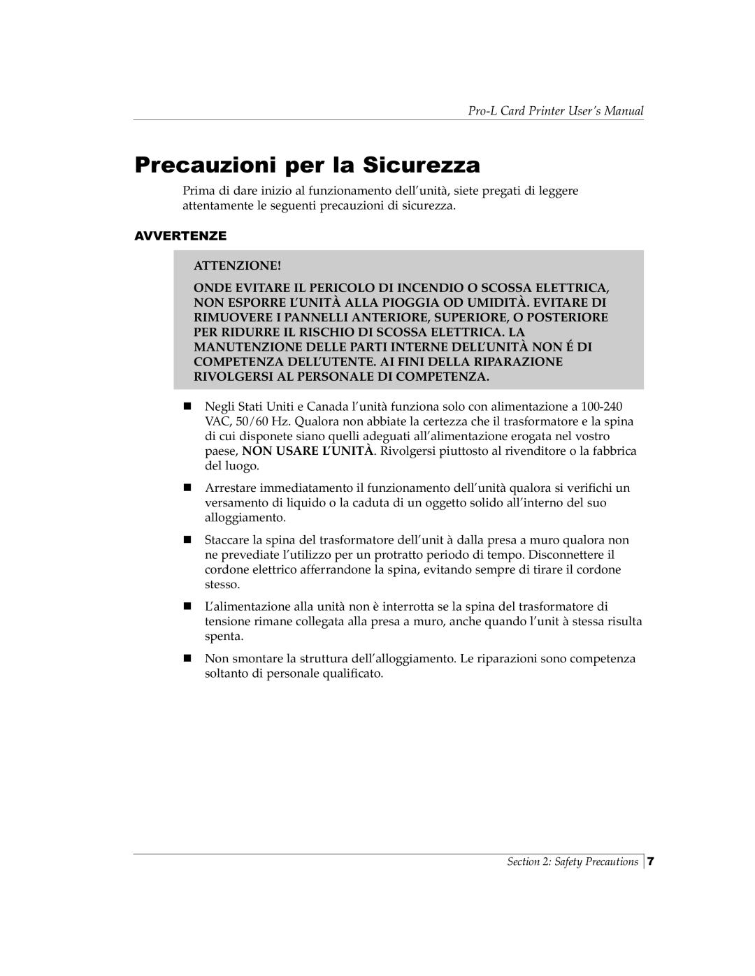 FARGO electronic Pro-L manual Precauzioni per la Sicurezza 