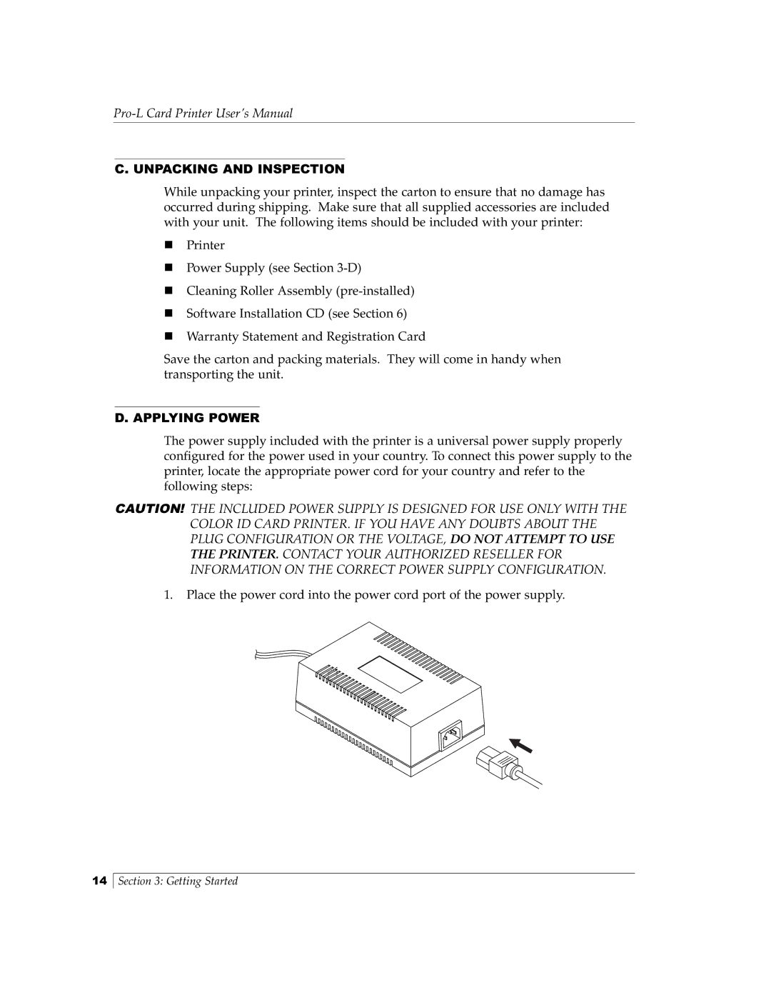 FARGO electronic Pro-L manual Unpacking and Inspection, Applying Power 