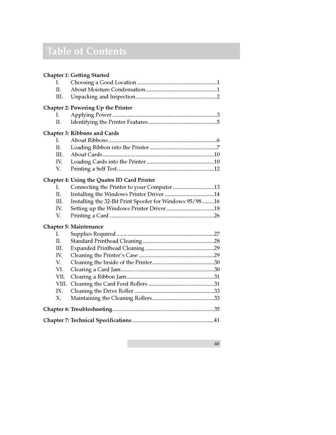 FARGO electronic Quatro ID Card Printer manual Table of Contents 