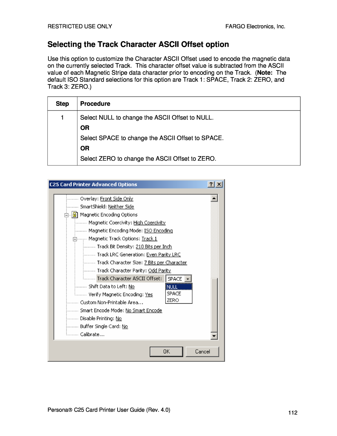 FARGO electronic S000256 manual Selecting the Track Character ASCII Offset option 