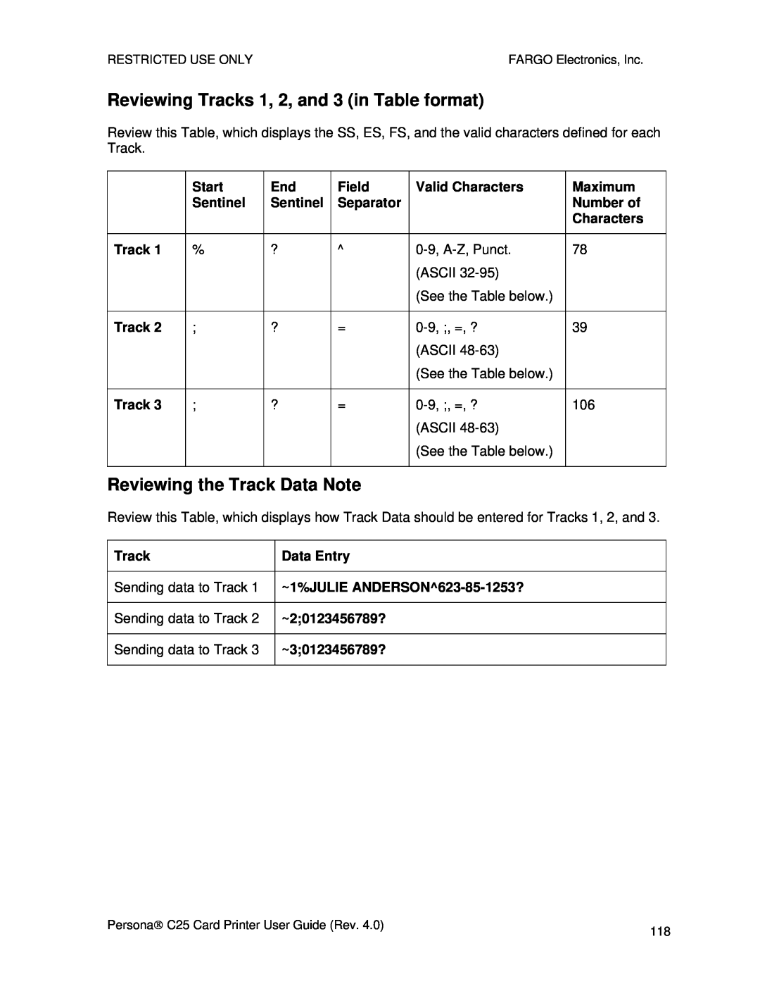 FARGO electronic S000256 manual Reviewing Tracks 1, 2, and 3 in Table format, Reviewing the Track Data Note 