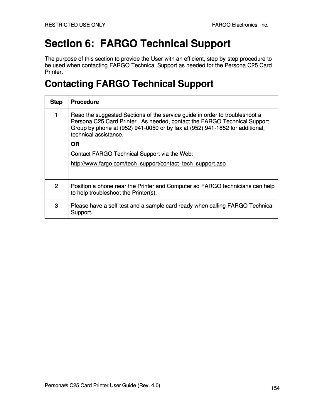 FARGO electronic S000256 manual Contacting FARGO Technical Support 