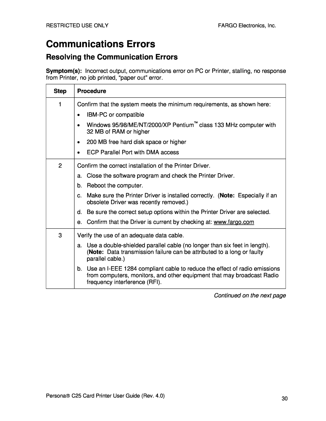 FARGO electronic S000256 manual Communications Errors, Resolving the Communication Errors, Continued on the next page 