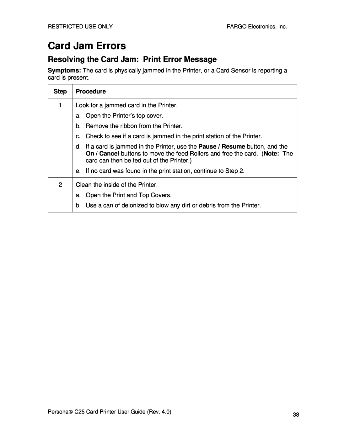 FARGO electronic S000256 manual Card Jam Errors, Resolving the Card Jam Print Error Message 