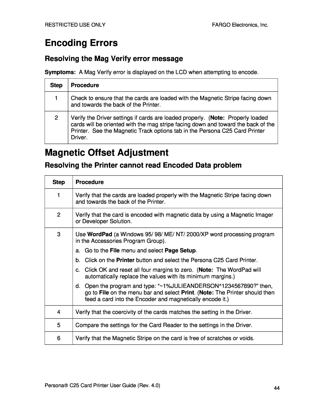 FARGO electronic S000256 manual Encoding Errors, Magnetic Offset Adjustment, Resolving the Mag Verify error message 
