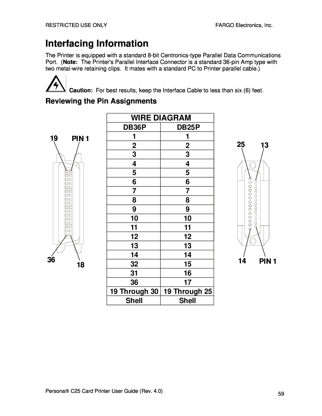 FARGO electronic S000256 manual Interfacing Information, Reviewing the Pin Assignments, Wire Diagram, DB36P, DB25P, Through 