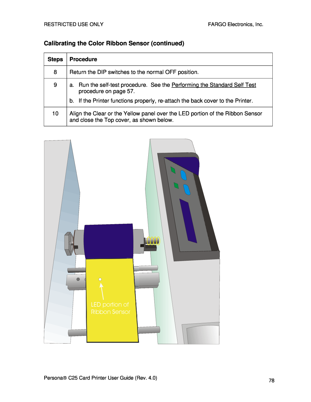 FARGO electronic S000256 manual Calibrating the Color Ribbon Sensor continued, LED portion of Ribbon Sensor 