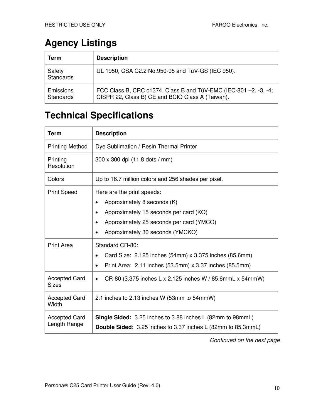 FARGO electronic S000256 manual Agency Listings, Technical Specifications 