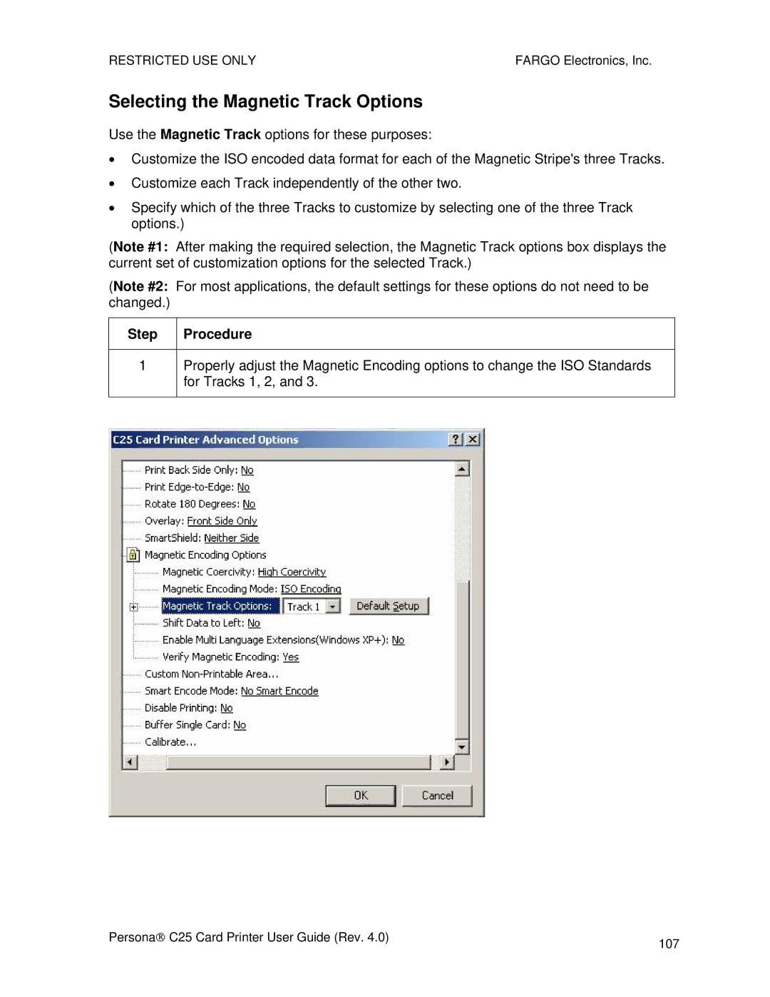 FARGO electronic S000256 manual Selecting the Magnetic Track Options 